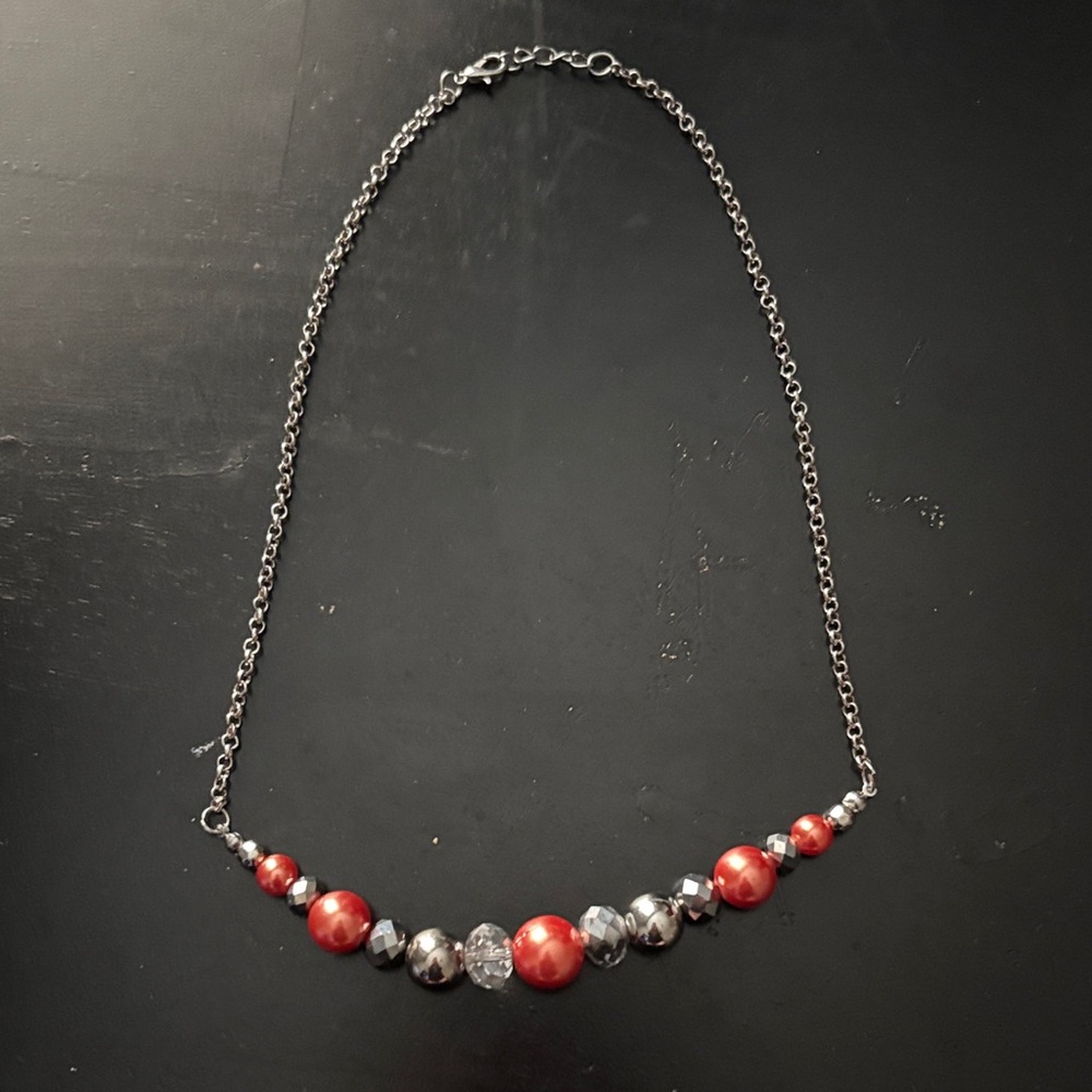 Elegant Red and Silver Beaded Necklace